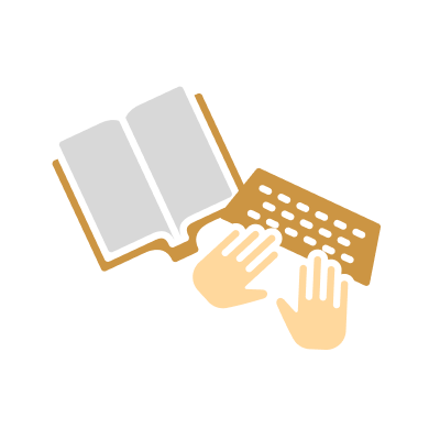 A book and hands typing on a keyboard.